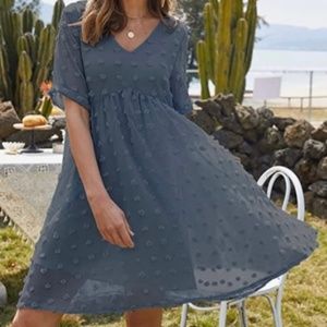 New Women's Flowy Swiss Dot Chiffon Fully Lined Babydoll Dress Small Dusk Blue